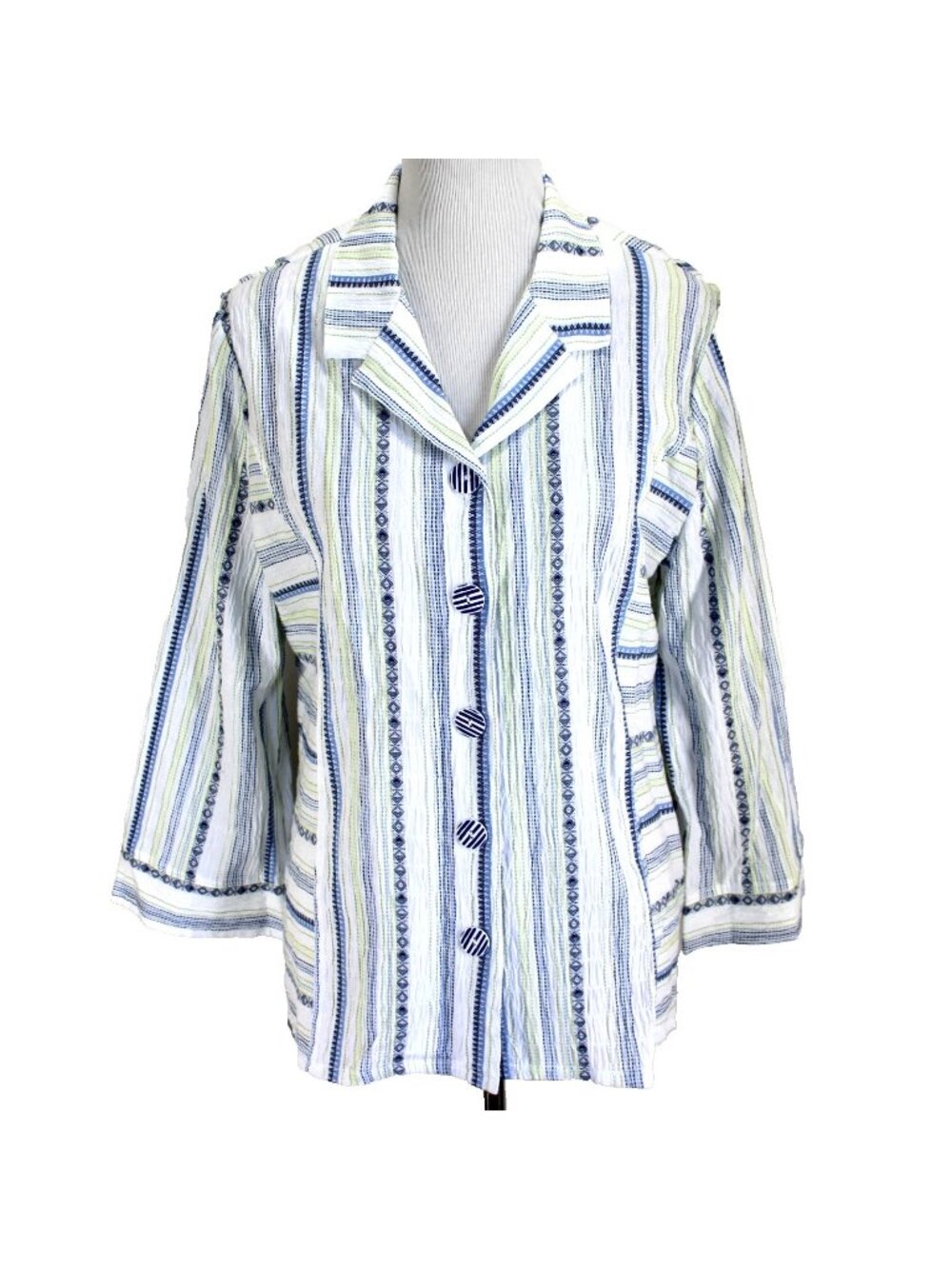 Habitat Striped Blouse Womens Size L Blue White Crinkle Long Sleeve Button Front